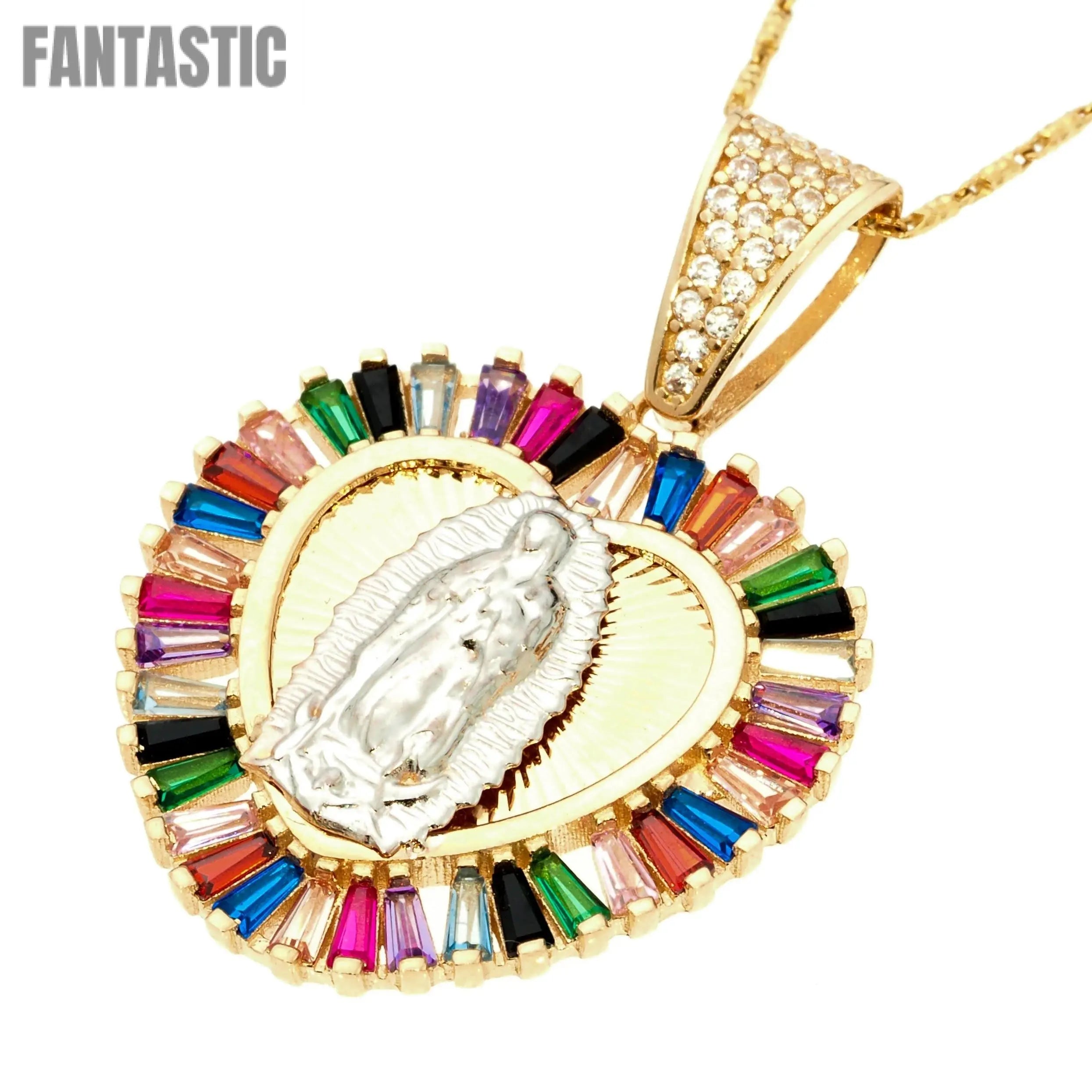 14K Gold Colorful Crystal Guadalupe Heart Pendant