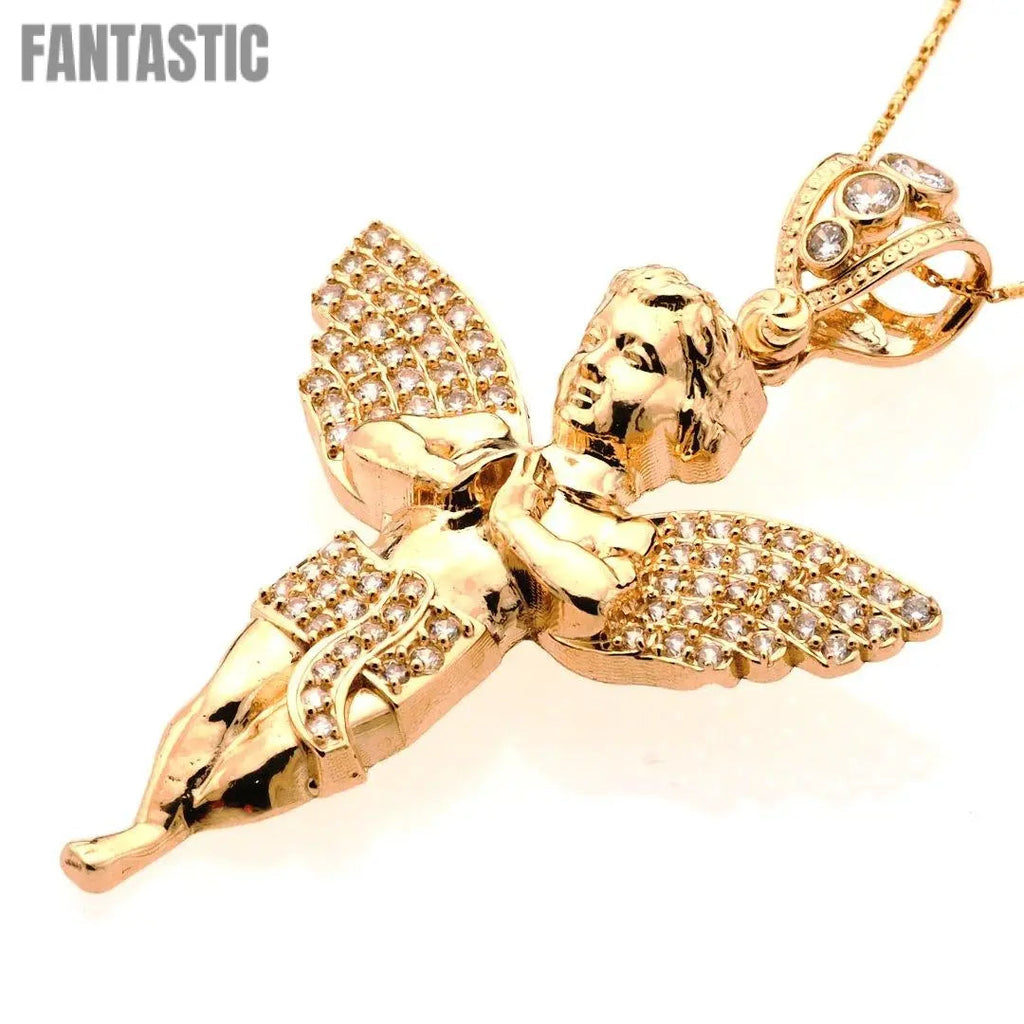 14K Gold CZ Angel Pendant with Rope Chain