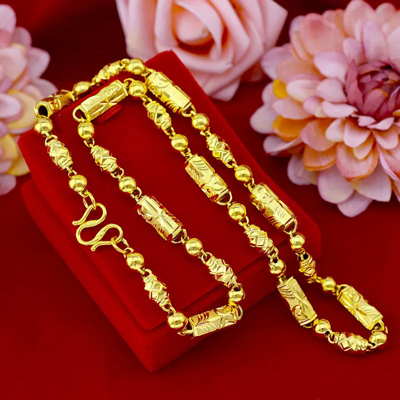 Gold Jewelry Alluvial Gold Plated Men's Necklace Thick Hollow Carven Design Hexagonal Copper Plating Imitation 5D Craft