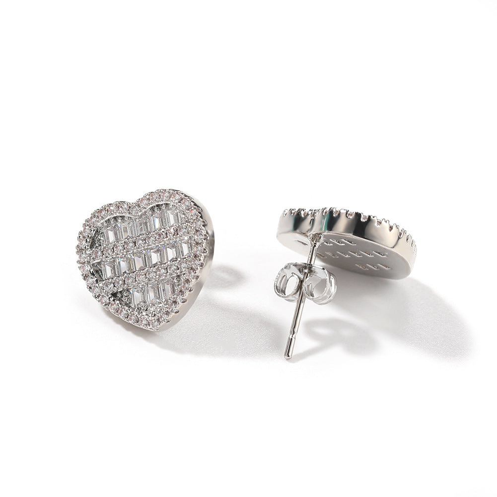 Hip-hop inlaid zircon heart-shaped earrings