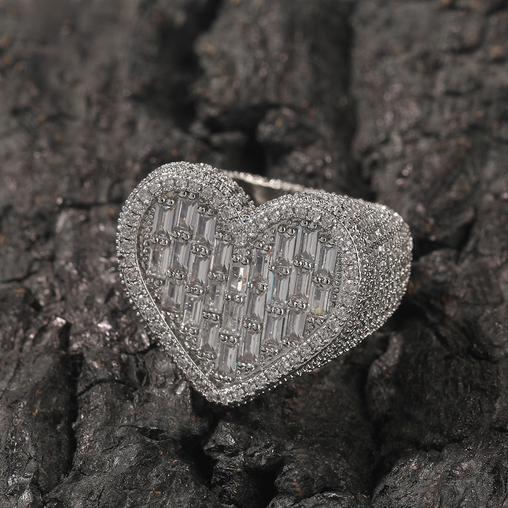 Hip-hop T-square heart-shaped zircon ring