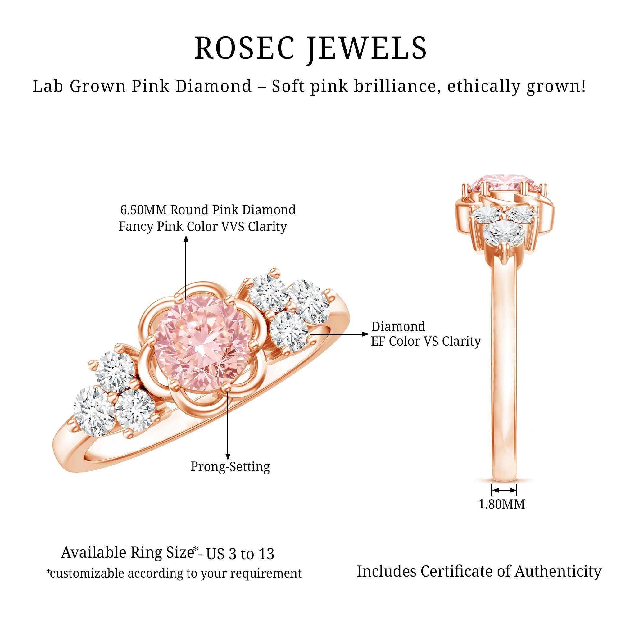 Nature Inspired Lab Grown Pink Diamond Flower Engagement Ring with IGI Certificate
