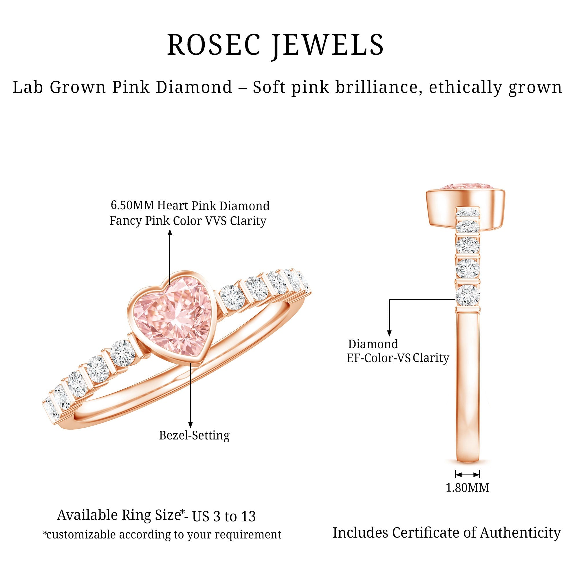 IGI Certified 1 CT Lab Grown Pink Diamond Heart Engagement Ring with Side Stones