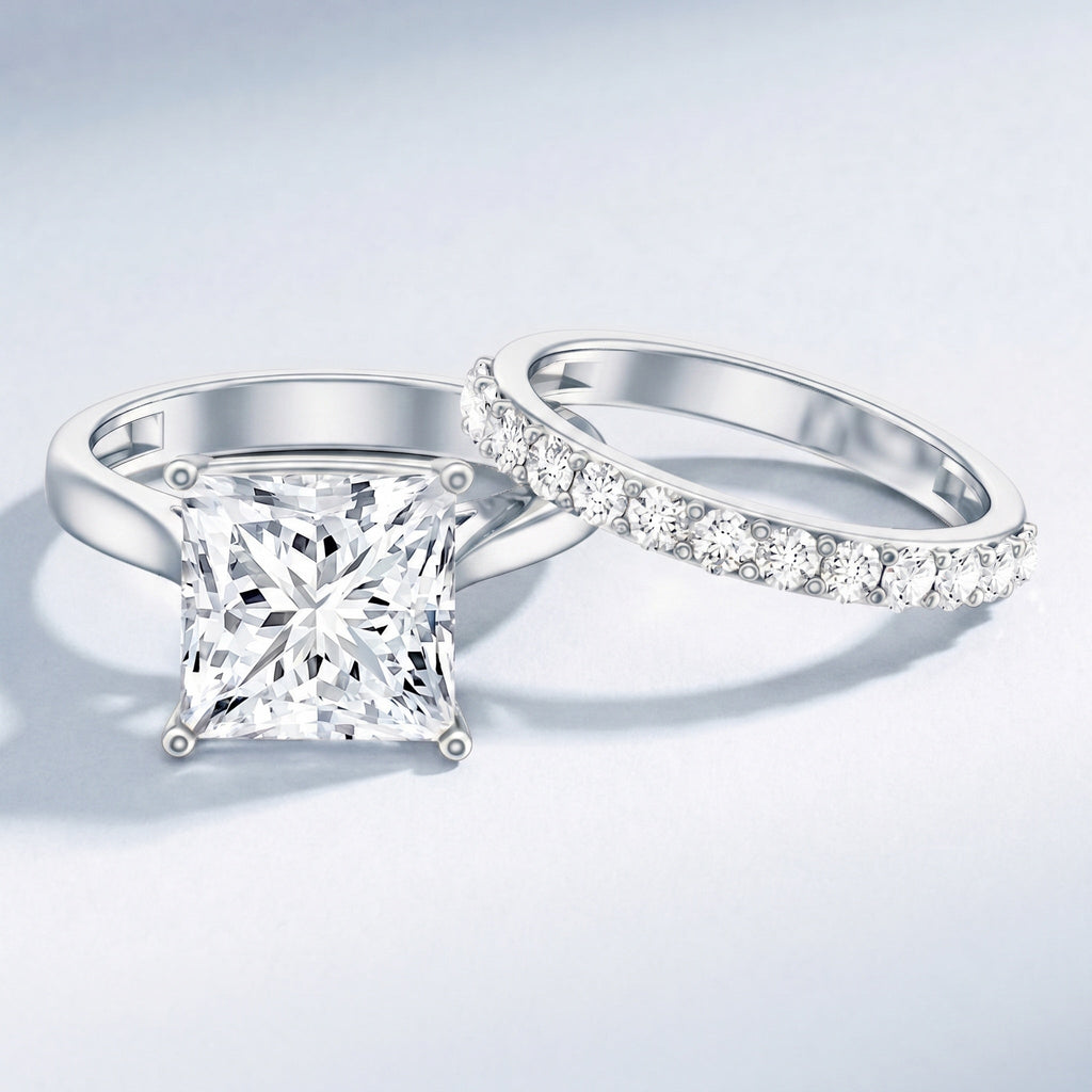 IGI Certified 4 Carat Princess Cut Lab Grown Diamond Solitaire Wedding Ring Set