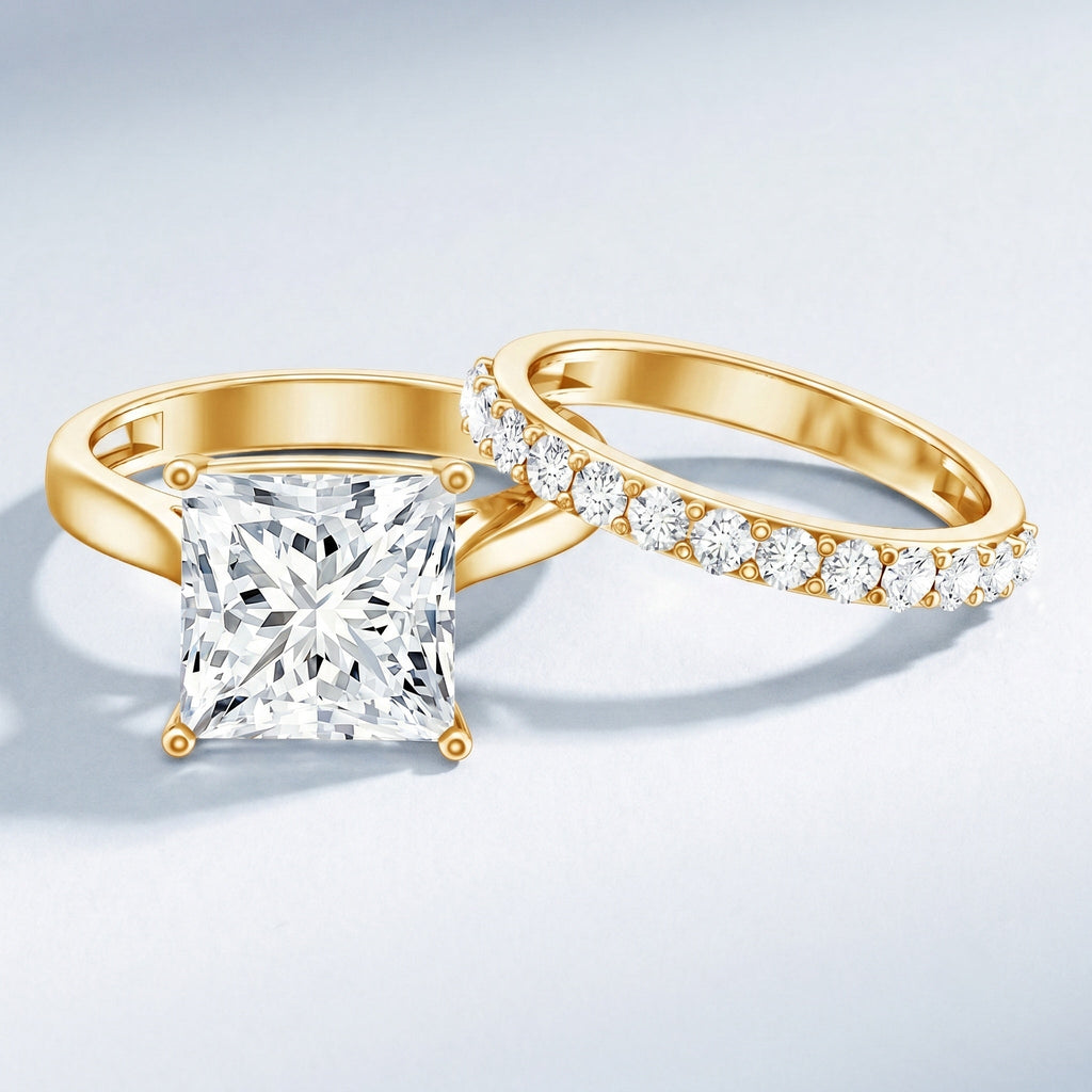 IGI Certified 4 Carat Princess Cut Lab Grown Diamond Solitaire Wedding Ring Set