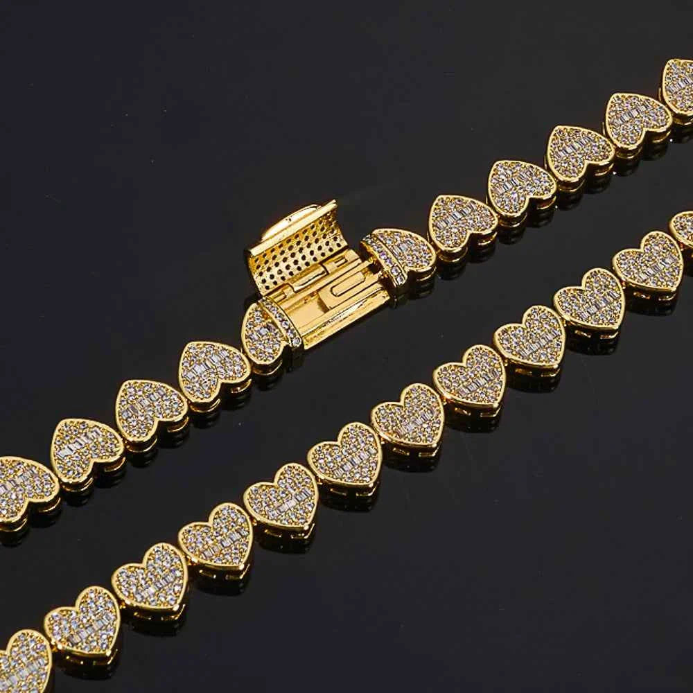 Iced Out Baguette Heart Tennis Chain Bracelet Silver Plated Zircon Mixed Inlay Fine Jewelry